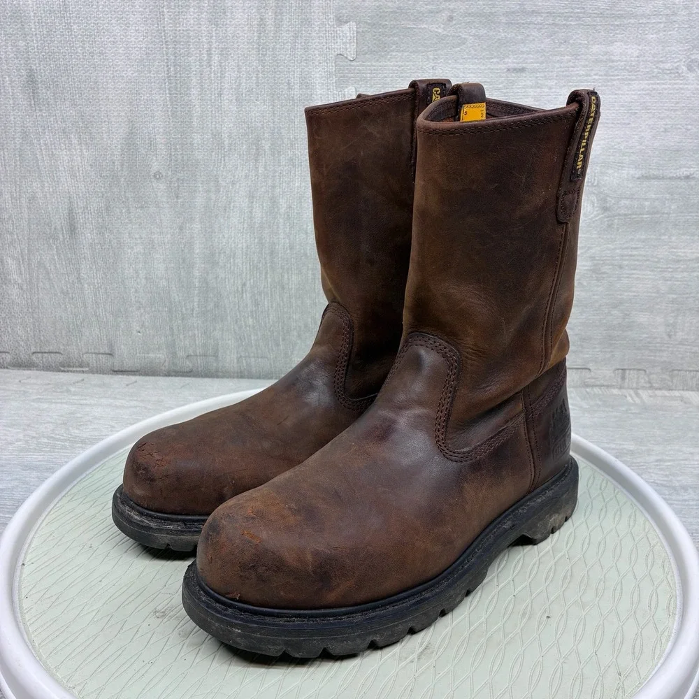 Caterpillar Revolver Wellington Work Boots Mens 9.5 Brown Leather Steel Toe Pull